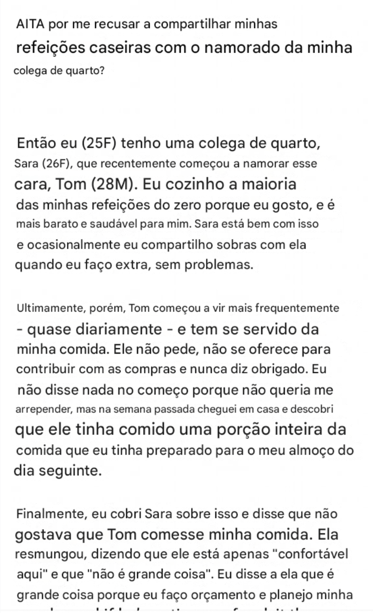 AITA por me recusar a compartilhar minhas refeições caseiras com o namorado da minha colega de quarto?